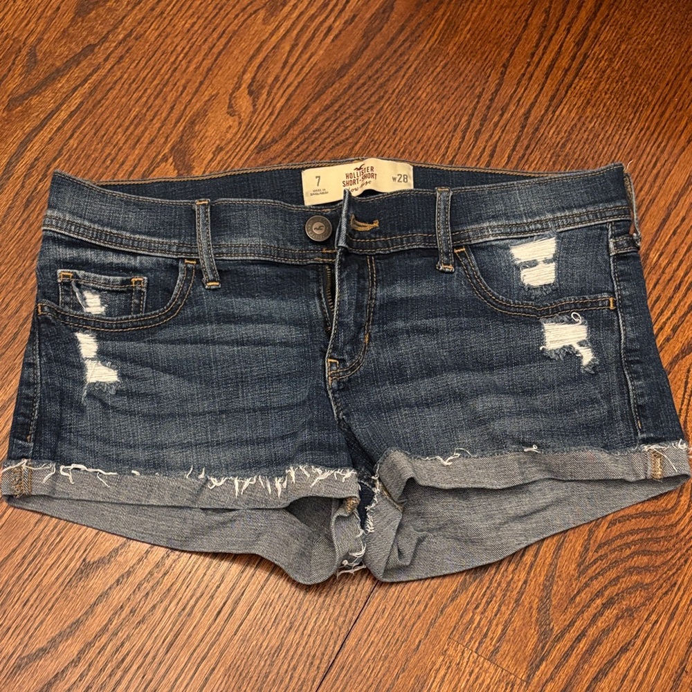 Hollister Dark Blue Low-rise Distressed Jean Shorts